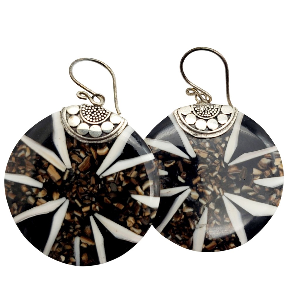 Sterling Silver Dangle Earrings Black White Brown Resin Disc Faux Shell Summer